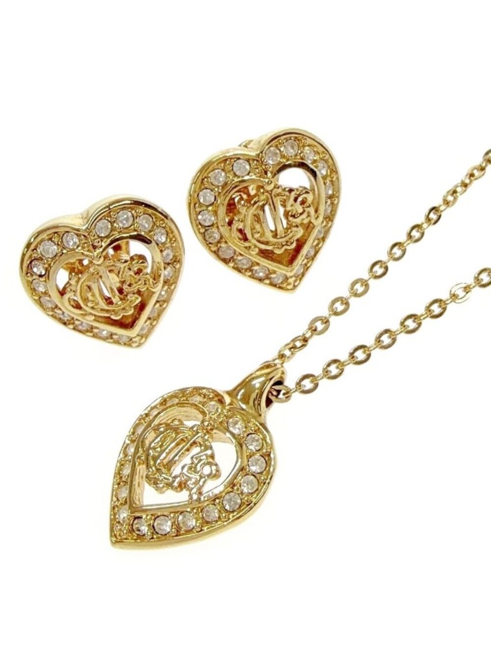 Dior Rhinestone Emblem Heart Necklace Earrings